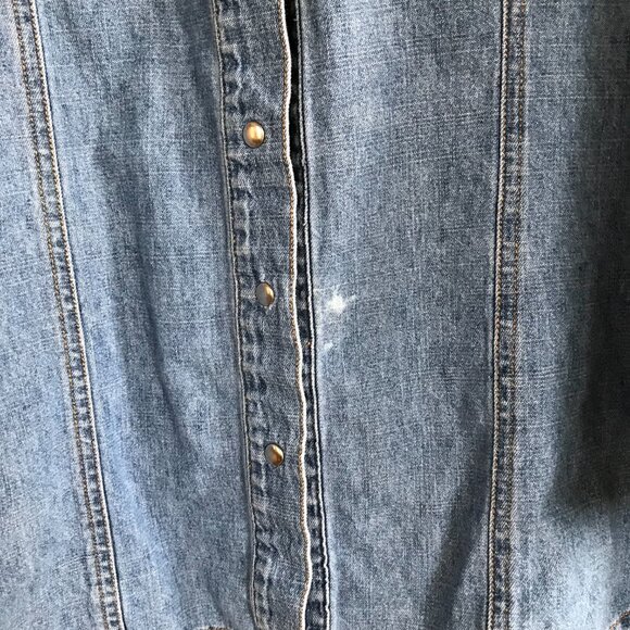 Upcycled Denim Jacket, Size M: Hand-Painted Aztec Patches, Colorful Sleeves - Picture 9 of 12